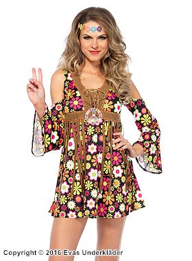 Kvinnelig Flower Power-hippie, kostyme-kjole, snøring, frynser, off-shoulder